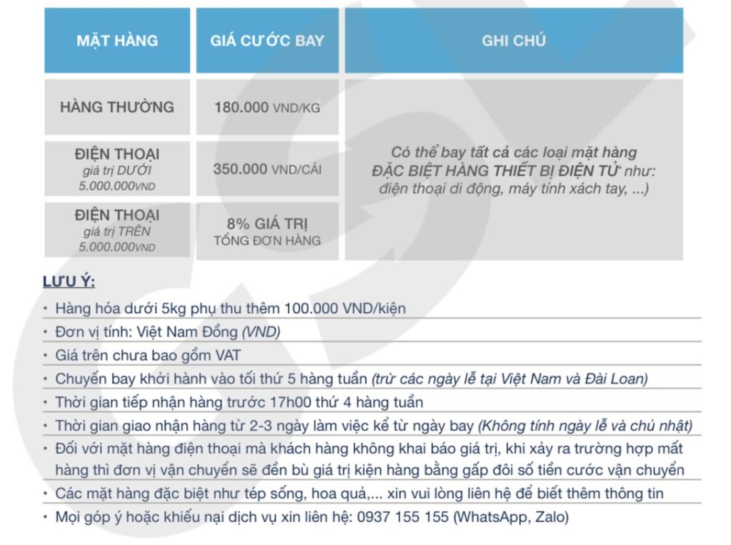 Cước phí gửi hàng từ Đài Loan về Việt Nam